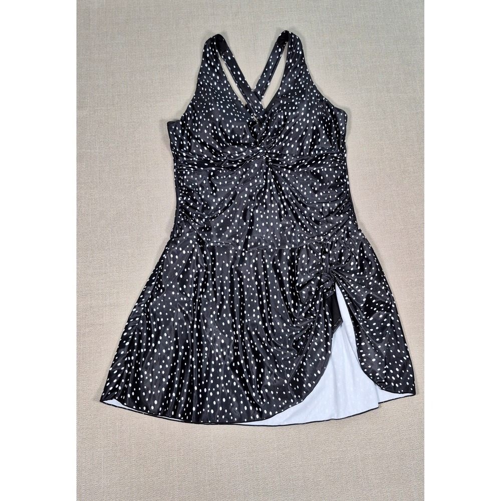 Tempt Me Womens Polka Dot Tummy Control Swimdress Black‎ White XXL New With Tags
